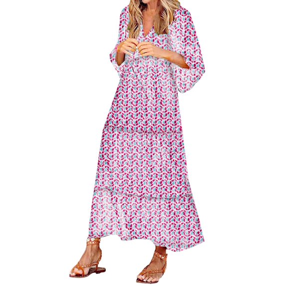 Odeerbi Boho Floral Dresses for Women Beach Sundresses Three Quarter Sleeve 2024 Casual Maxi Dress V-Neck Puff Short Sleeve Tiered Long Swing Dress Navy