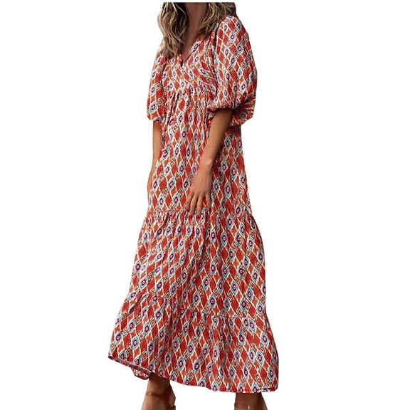Odeerbi Boho Floral Dresses for Women Beach Sundresses Three Quarter Sleeve 2025 Casual Maxi Dress V-Neck Puff Short Sleeve Tiered Long Swing Dress Navy