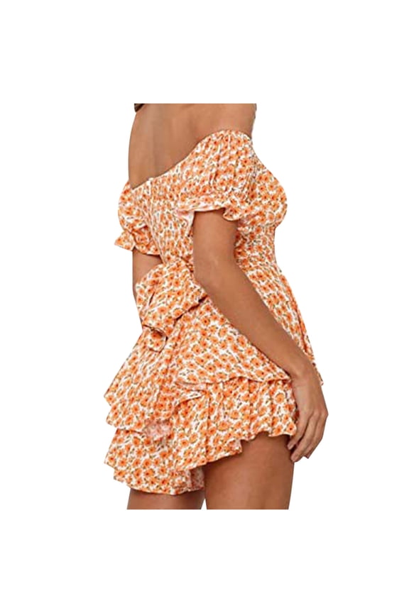 Boho Floral Jumpsuits for Women 2025 Off Shoulder Chiffon Romper Ruffle Shorts Summer Beach Playsuits Beige