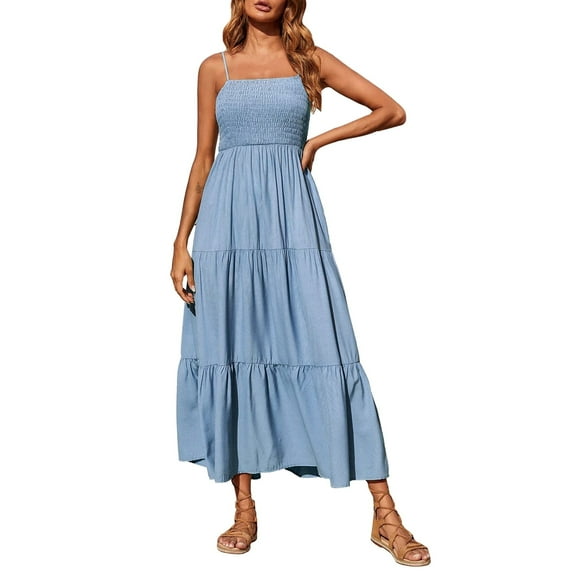 Odeerbi Boho Slip Midi Dresses for Women 2025 Spaghetti Strap Tiered Long Sundress Sleeveless Solid Beach Dress Blue
