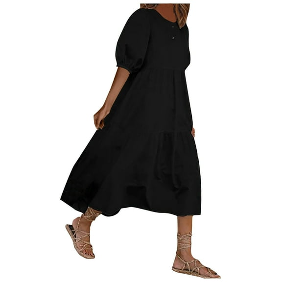 Odeerbi Boho Sundresses for Women Beach Dresses Fashion Loose Solid Color 2025 Casual Short Sleeves Dress Black