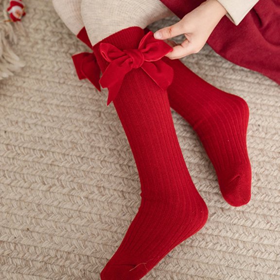 Odeerbi Bowknot Christmas Socks for Kids Boys Girls Mid-Calf Socks Fall Winter New Year's Red Socks Christmas Calf Socks Christmas Gift Stockings 3-12 Years Red