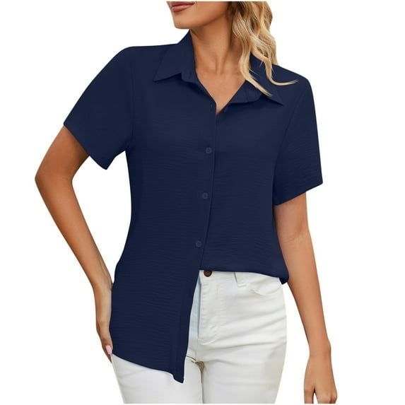 Odeerbi Button Down Shirts for Women Summer 2025 Casual Elegant Tops Fashion Short Sleeve Round Neck Easter Blouse Solid Color Loose T-Shirt Navy