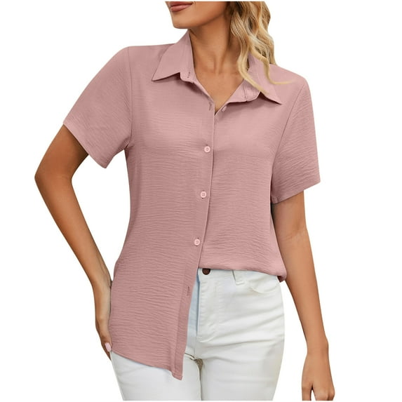 Odeerbi Button Down Shirts for Women Summer 2025 Casual Elegant Tops Fashion Short Sleeve Round Neck Easter Blouse Solid Color Loose T-Shirt Pink