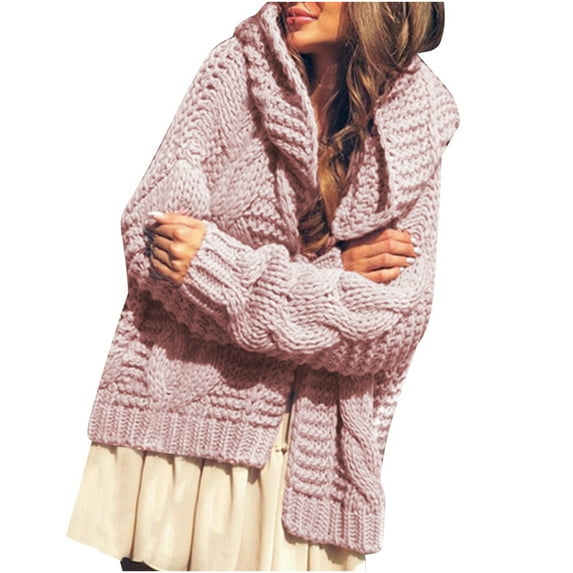 Odeerbi Cable Knit Cardigan Sweaters For Women Winter Solid Color Sweater Fashion 2025 Casual Long Sleeve Hooded Sweater Pink