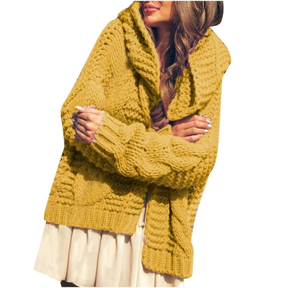 Odeerbi Cable Knit Cardigan Sweaters For Women Winter Solid Color Sweater Fashion 2025 Casual Long Sleeve Hooded Sweater Yellow