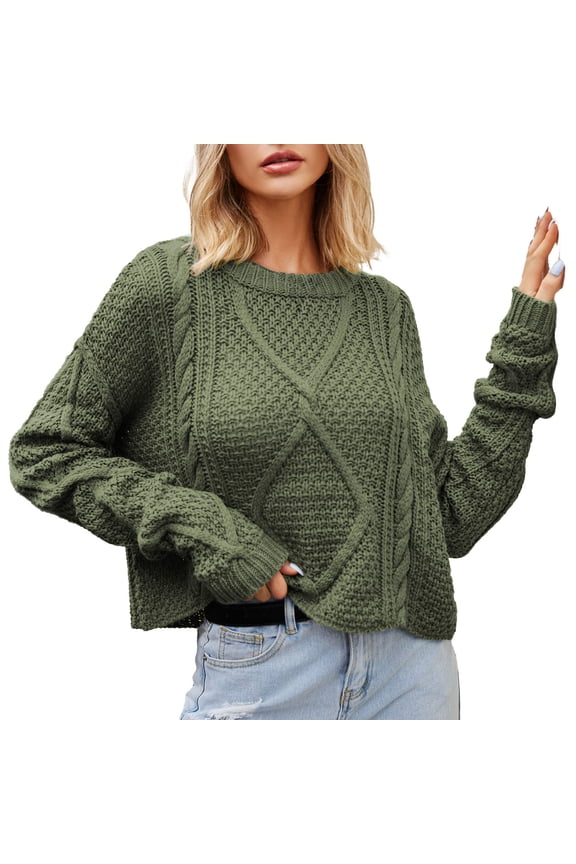 Cable Knit Sweater for Women 2025 Winter Loose Solid Color Pullover Sweater Round Neck Dough Twists Cord Thick Needle Sweater Green