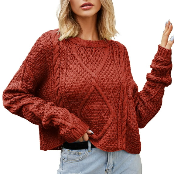 Odeerbi Cable Knit Sweater for Women 2025 Winter Loose Solid Color Pullover Sweater Round Neck Dough Twists Cord Thick Needle Sweater Red