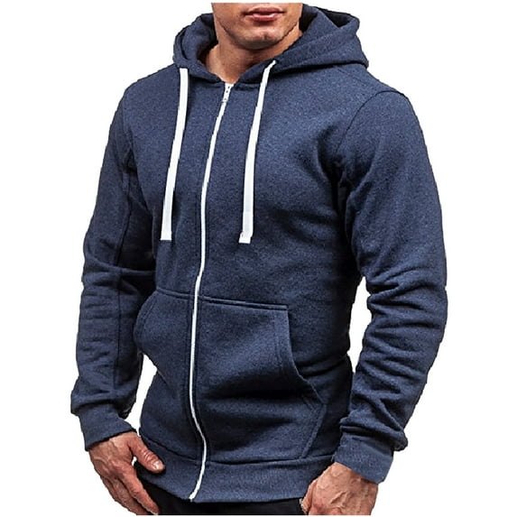 Odeerbi Cardigan For Men Zipper Hooded Sweater 2024 New Trendy All-Match Coat Solid Color Cardigan Navy