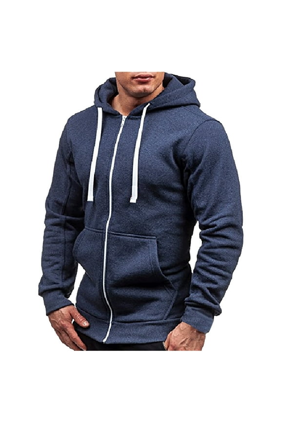 Cardigan For Men Zipper Hooded Sweater 2025 New Trendy All-Match Coat Solid Color Cardigan Navy