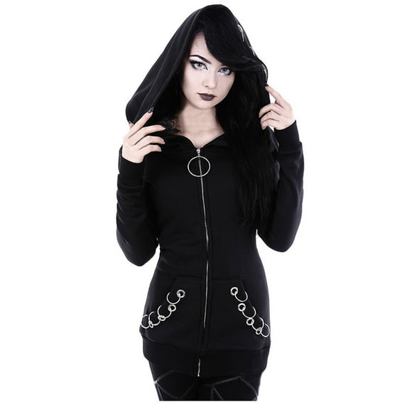 Odeerbi Cardigan For Women Loose Gothic Punk Coat 2025 Long Sleeve Hooded Black Cardigan Zipper Jacket Black
