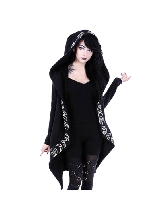 Cardigan For Women Loose Gothic Punk Jacket Long Sleeve Hooded Black Cardigan Coat Black