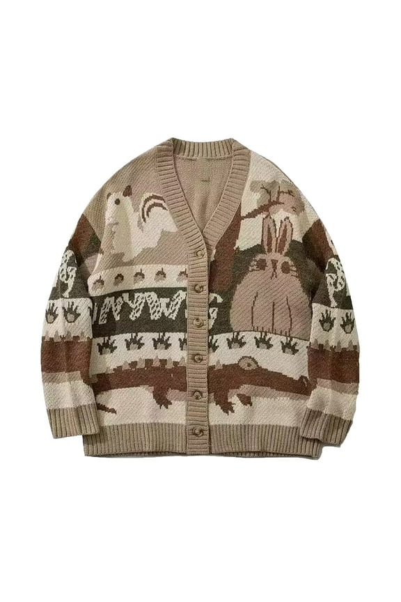 Cardigan Sweaters For Men Fall Winter Sweaters Button V-Neck Print Knit Top Jacket Beige