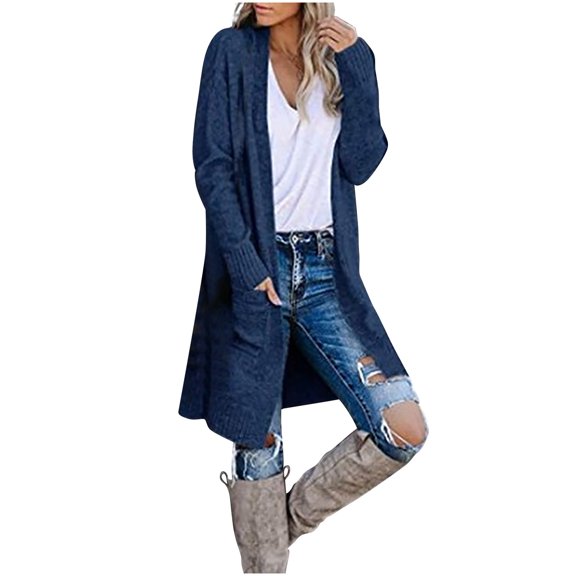 Odeerbi Cardigan Sweaters For Women Fall Winter Sweaters 2025 Casual Solid Knitting Loose Long Sleeve V-Neck Tops Blue