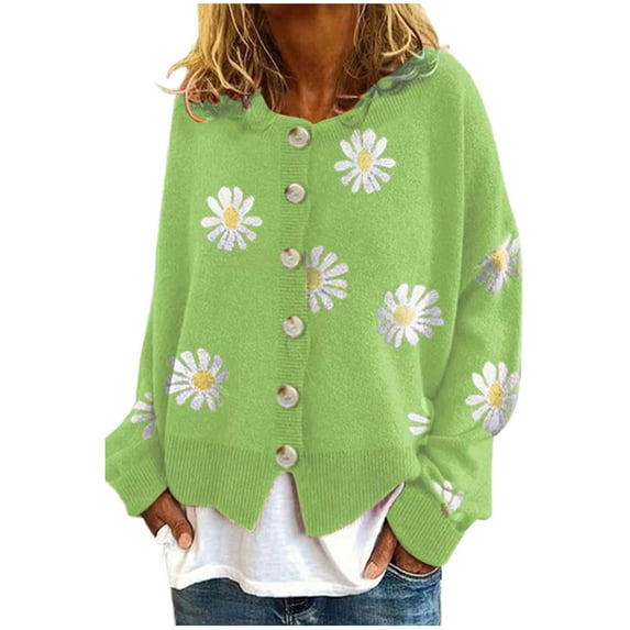 Odeerbi Cardigan Sweaters For Women Fall Winter Sweaters Trendy Casual Floral Printed Long Sleeve Knitted Coat Tops Mint Green
