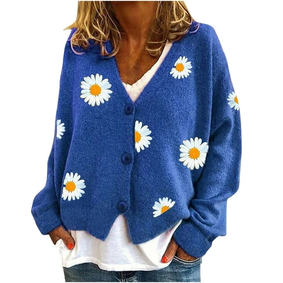 Odeerbi Cardigan Sweaters For Women Fall Winter Sweaters Trendy 2025 Casual Floral Printed Long Sleeve Knitted Coat Blue