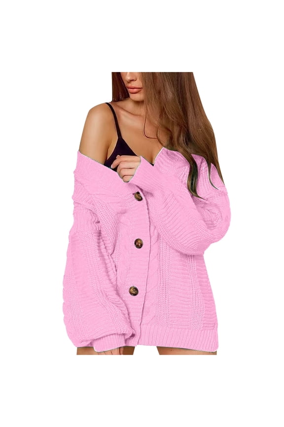 Cardigan Sweaters For Women Fall Winter Sweaters Trendy Solid Color Button Up Long Sleeves Knit Loose Tops Blouse Pink