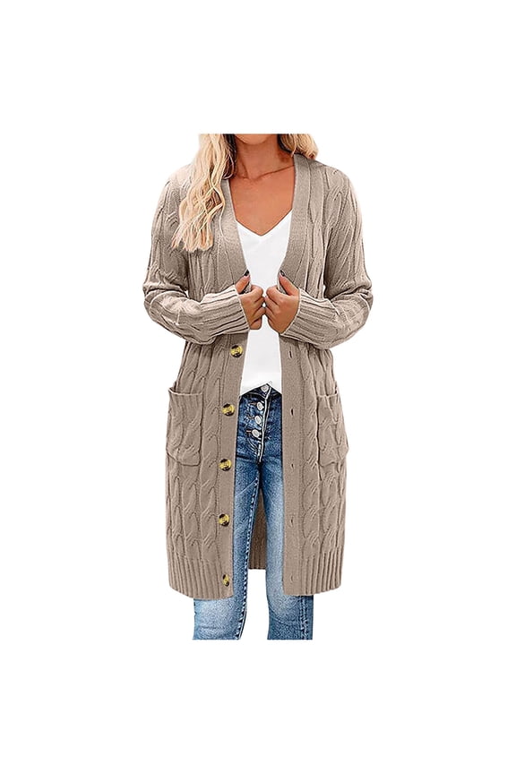 Cardigan Sweaters For Women Knit Long Cardigan Long Sleeve Cable Open Front Button Outerwear Khaki