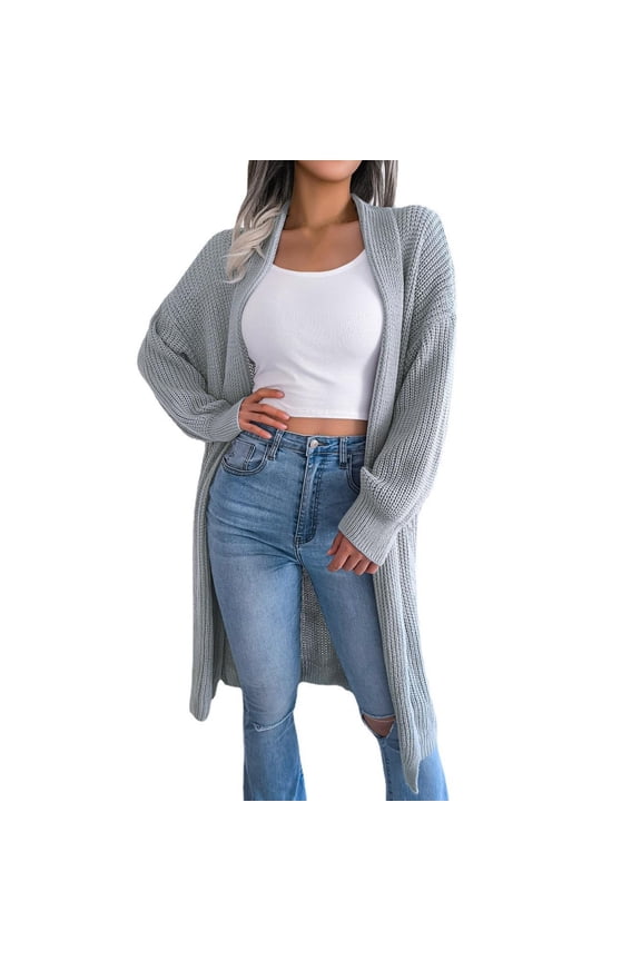 Cardigan Sweaters for Women Fall Winter Sweaters Trendy Solid Lapel-Neck Long Coat Tops Gray