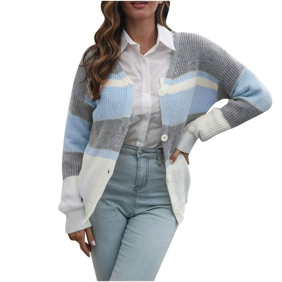 Odeerbi Cardigan Sweaters for Women Fall Sweaters 2025 Striped Loose Knit Jacket Autumn And Winter Light Blue