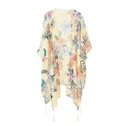 Odeerbi Cardigan for Women 2024 Kimono Beach Swimsuit Cover Up Chiffon Cardigan Fall Floral Print Beige