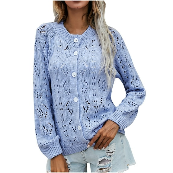 Odeerbi Cardigan for Women 2024 Trendy Round Neck Solid Hollow Button Knitted Sweater Cardigan Light blue