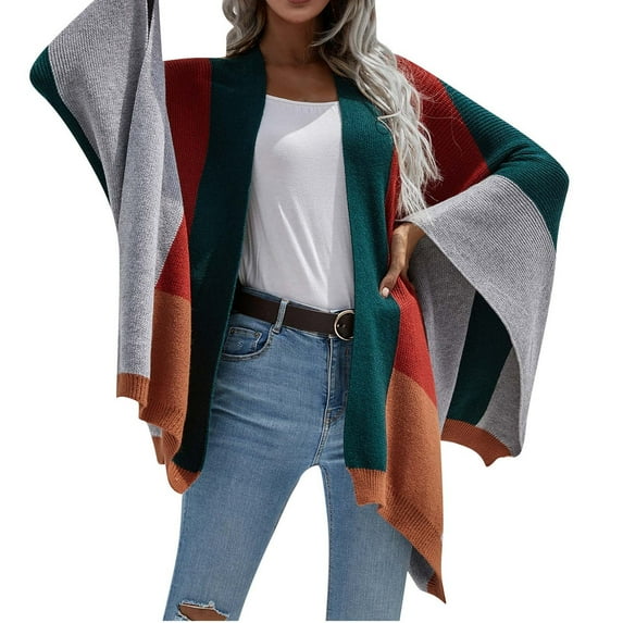 Odeerbi Cardigan for Women 2024 Trendy Shawl Color Matching Loose Tops Blouse Knitted Sweater Green