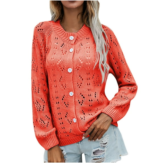Odeerbi Cardigan for Women 2025 Trendy Round Neck Solid Hollow Button Knitted Sweater Cardigan Orange