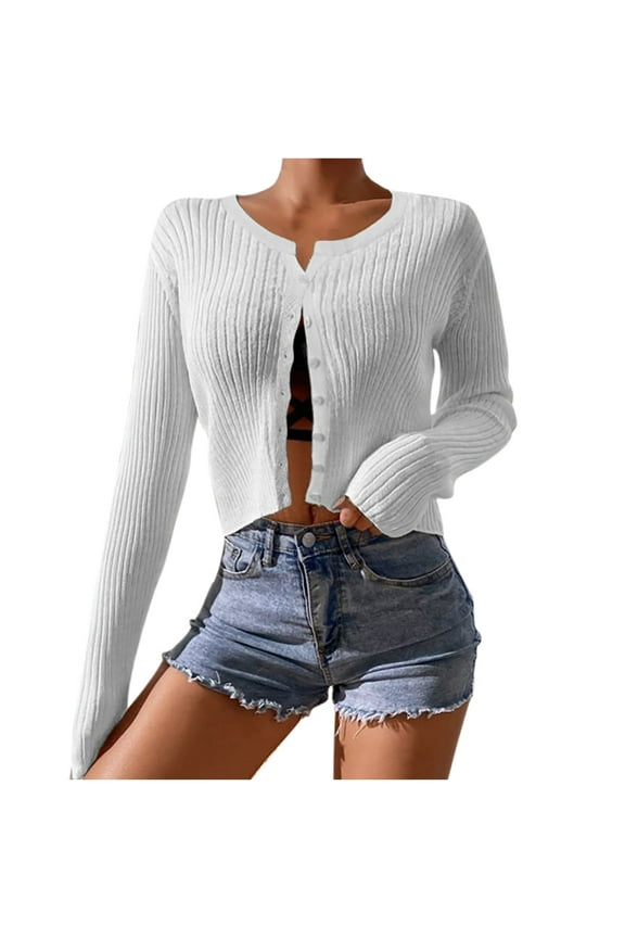 Cardigan for Women Cropped Cardigan Fashion Autumn And Winter 2025 Casual Long Sleeve Solid Color Sweater Tops Blouse White