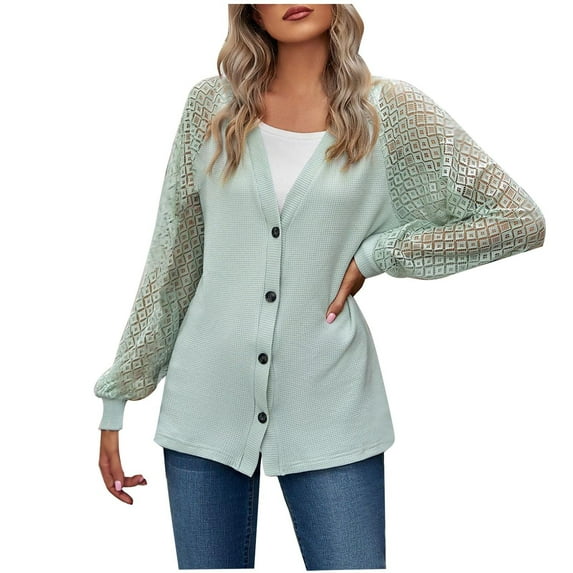 Odeerbi Cardigan for Women Fall Cardigans Autumn And Winter 2025 Long Sleeve Solid Color Loose Button Lace Patchwork Top Mint Green