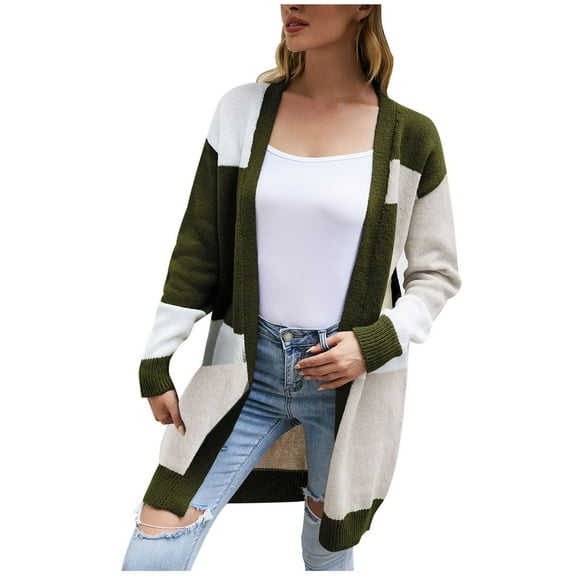 Odeerbi Cardigan for Women Open-Front Cardigan Sweaters 2025 Fashion Color Matching Long Sleeves Knit Loose Tops Blouse Sweater Green