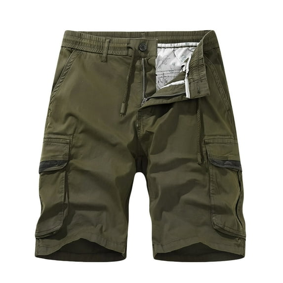 Odeerbi Cargo Bermuda Shorts for Men Smocked Waist Shorts 2025 Casual Solid Zipper Button Elastic Waist Cropped Shorts with Pockets Olive Green
