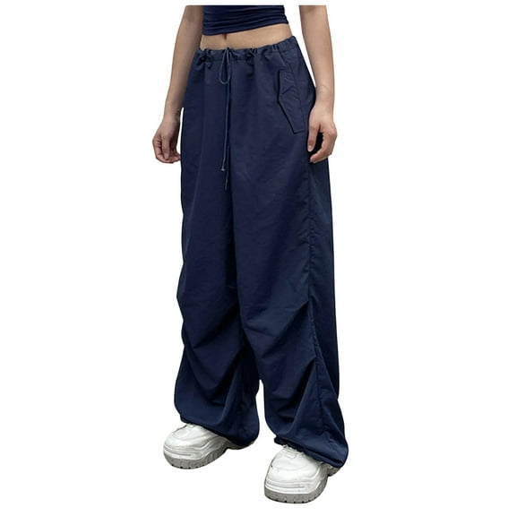 Odeerbi Cargo Pants Women Parachute Pants Straight Leg Pants Solid Hippie Punk Trousers Streetwear Jogger Pocket Loose Long Overalls Blue
