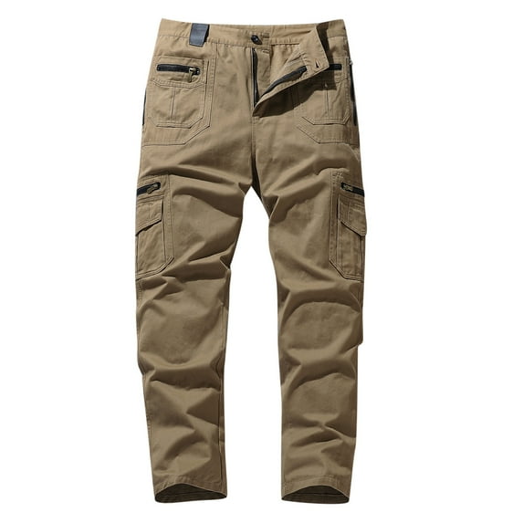 Odeerbi Cargo Pants for Men Solid Casual Fashion Button-Zip Multi-Pocket Straight Cargo Trousers Khaki
