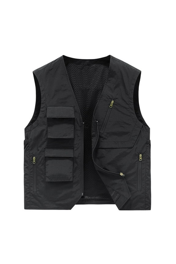 Cargo Vest For Men Workwear Solid Coat Stand Collar Sleeveless Hoodless Jacket Tank Tops Black