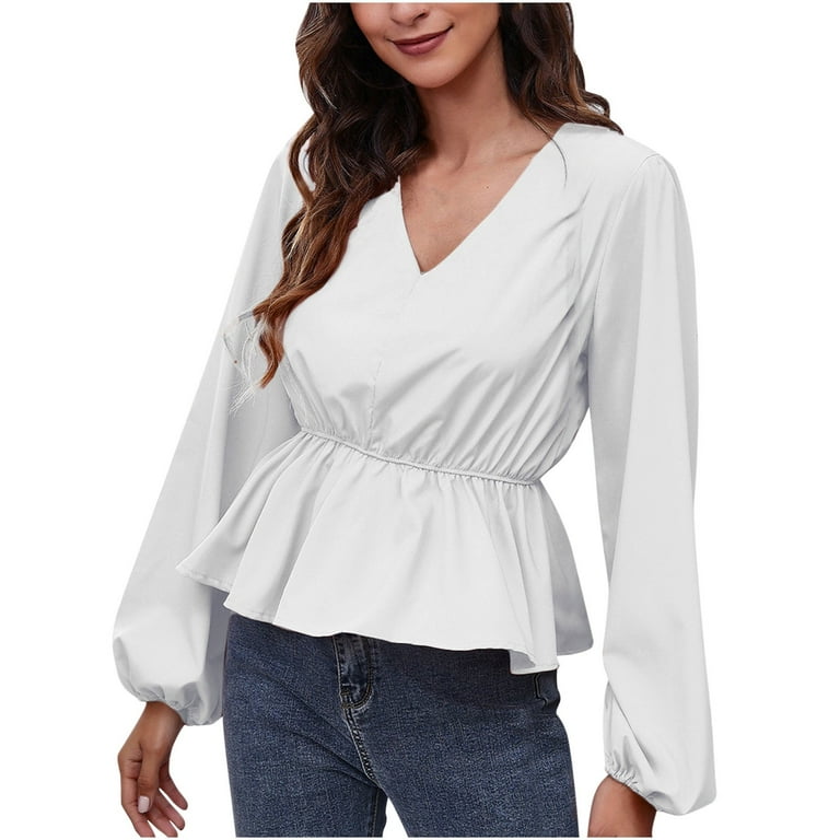 Odeerbi Chiffon Peplum Tops for Women 2024 Oversized Lantern Sleeve Waist Blouse V Neck Solid Color Top White