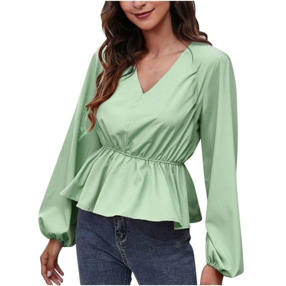 Odeerbi Chiffon Peplum Tops for Women 2025 Oversized Lantern Sleeve Waist Blouse V-Neck Solid Color Top White