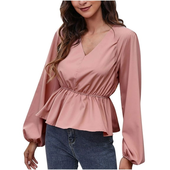 Odeerbi Chiffon Peplum Tops for Women 2025 Oversized Lantern Sleeve Waist Blouse V-Neck Solid Color Top White