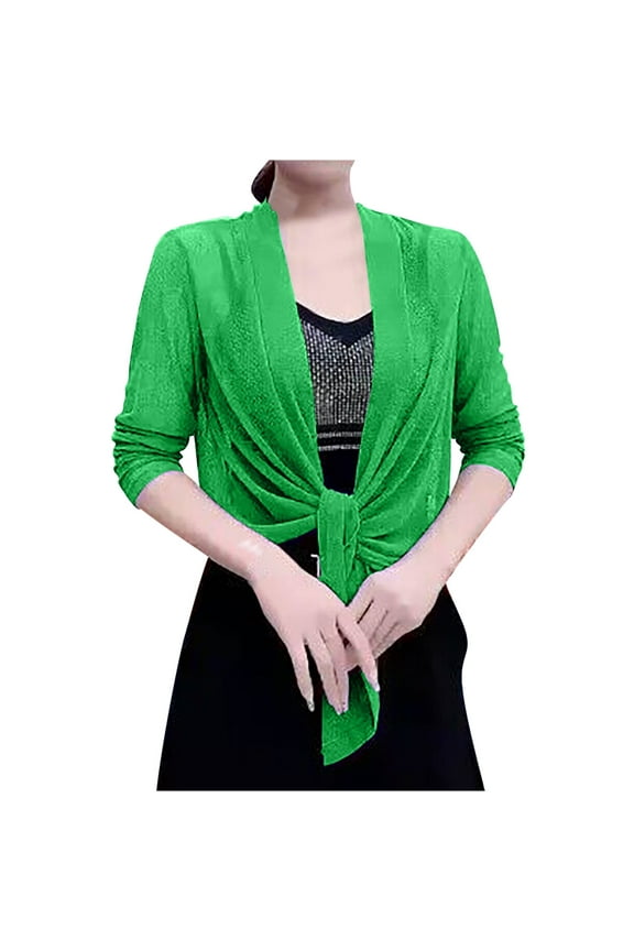 Chiffon Shrugs for Women Open Front Soft Sheer Cropped Tops Long Sleeve Cardigan Shawl For Evening Dress Green