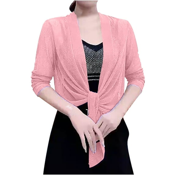 Odeerbi Chiffon Shrugs for Women Open Front Soft Sheer Cropped Tops Long Sleeve Cardigan Shawl For Evening Dress Pink