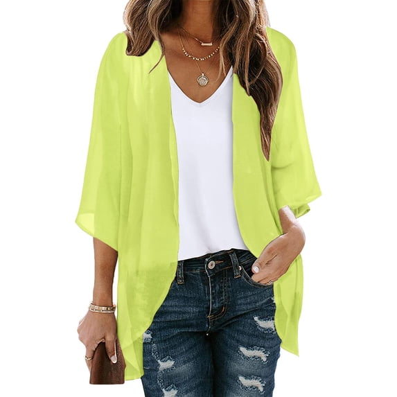 Odeerbi Chiffon Sun Shirts for Women Puff Sleeve Sunscreen Kimono Cardigan Loose Beach Cover Ups Casual Tops Yellow