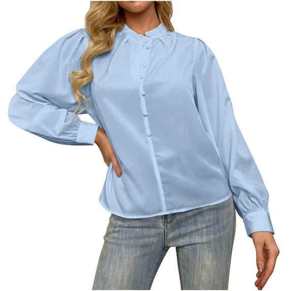 Odeerbi Chiffon Tunic Tops for Women Loose Solid Color Blouse Classic Button Long Sleeve Shirt Yellow