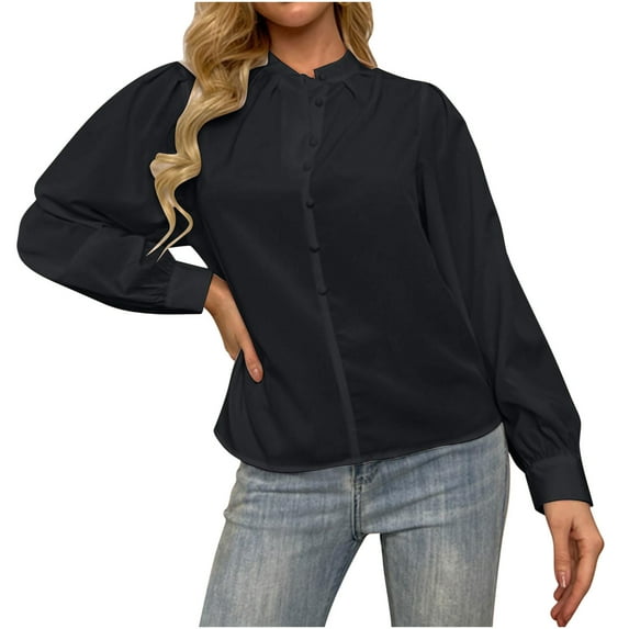 Odeerbi Chiffon Tunic Tops for Women Loose Solid Color Blouse Classic Button 2025 Long Sleeve Shirt Yellow