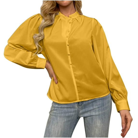Odeerbi Chiffon Tunic Tops for Women Loose Solid Color Blouse Classic Button 2025 Long Sleeve Shirt Yellow