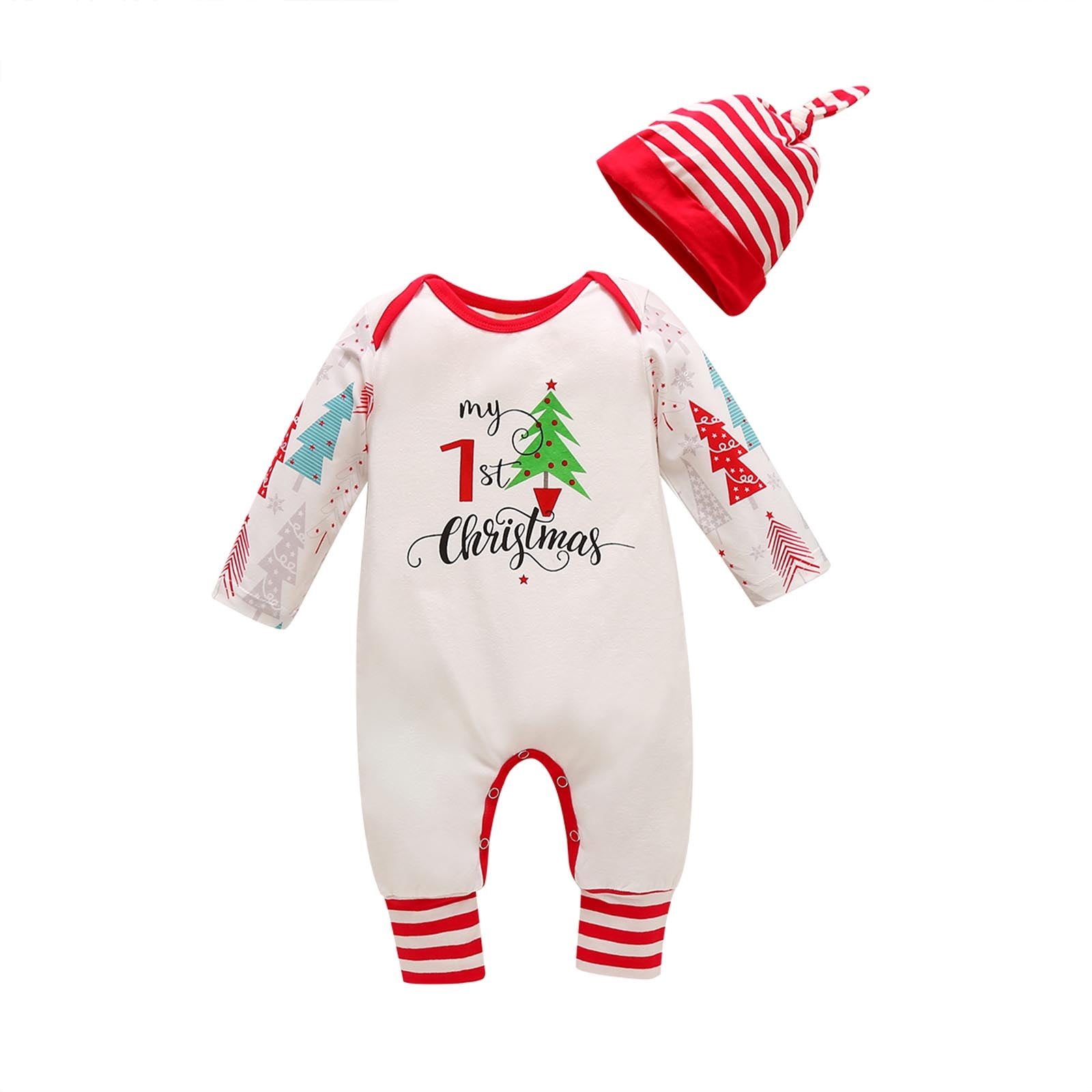 Odeerbi Christmas Baby Boys Girls Outfit Newborn Clothes Striped Romper Long Sleeve Tree Pants