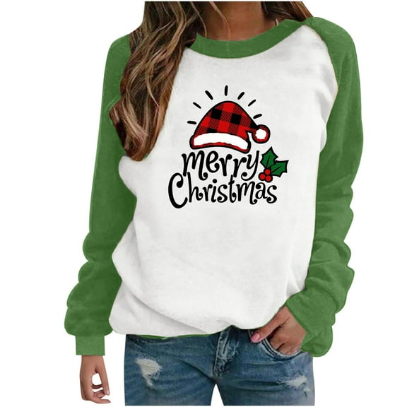 Odeerbi Christmas Crewneck Sweatshirts For Women 2025 Fashion Print Pullover Tops Long Sleeve Comfortable Blouse Green