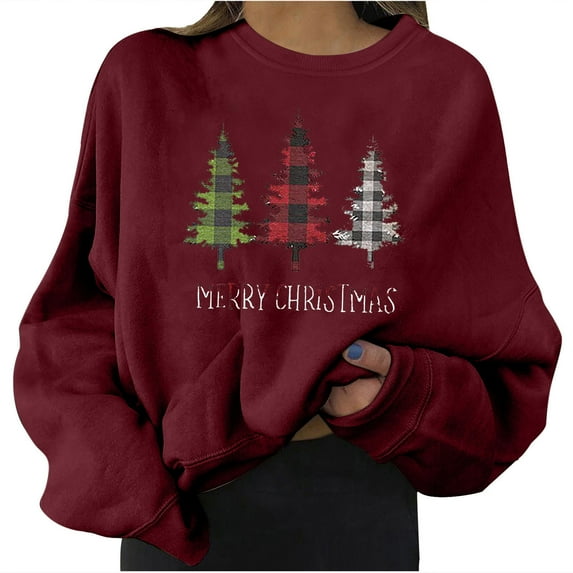 Odeerbi Christmas Crewneck Sweatshirts For Women Spring Autumn 2025 Long Sleeve Printed Sweater Top Burgundy
