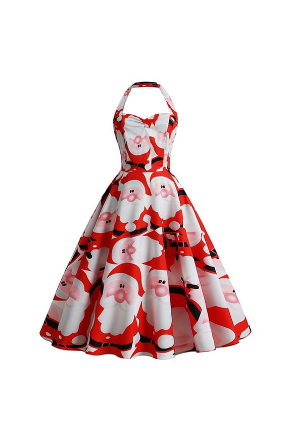 Christmas Dress Women's Summer 2025 Fashion Sleeveless Halter Vintage Christmas Santa Claus Print Party Swing Dress White