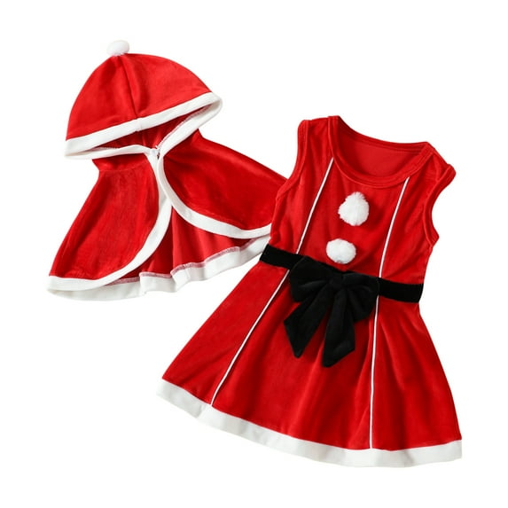 Odeerbi Christmas Dresses For Girls Autumn Winter Sleeveless Children's Dress Set Hooded Cloak Dress Two-piece Set Red