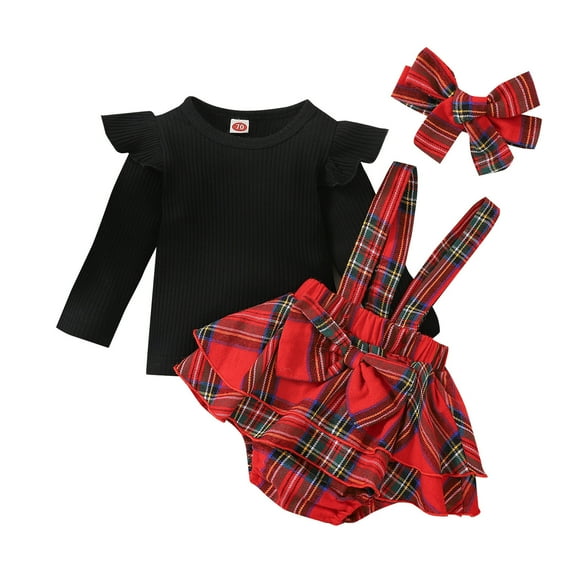 Odeerbi Christmas Dresses For Girls Toddler Baby Kids Strip Cotton Top With Plaid Skirt Butterfly Knot Hairband Romper 3 Piece Set Black
